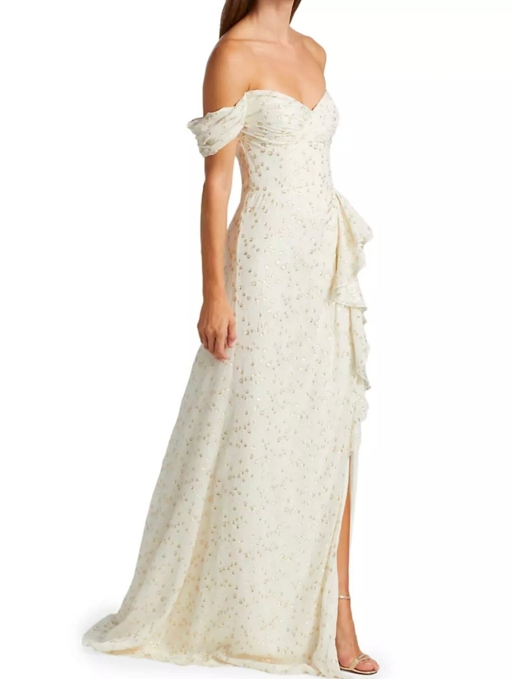Monique Lhuillier Ivory One-Shoulder Evening Gown with Subtle Metallic Accents